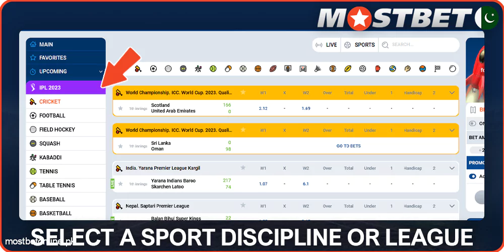 Choose a sport at Mostbet