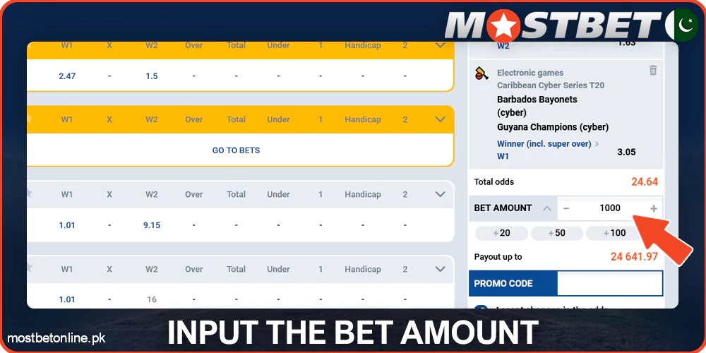 Enter the bet amount on Mostbet